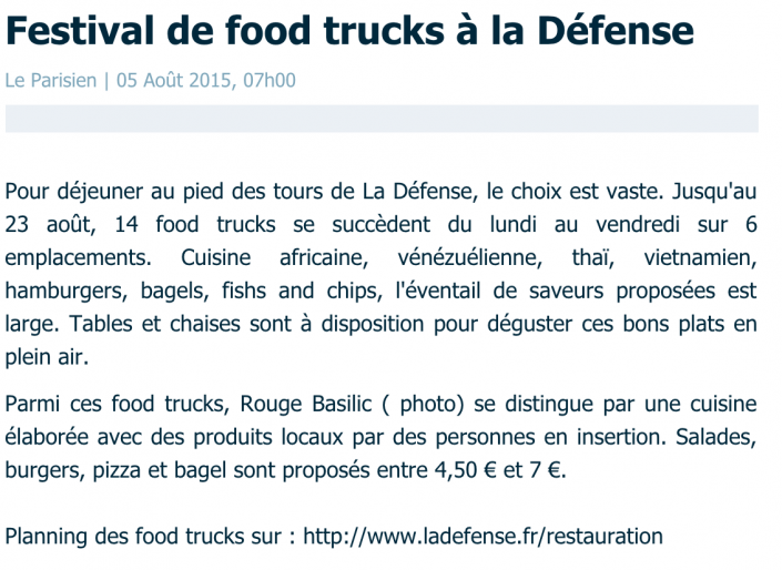 Article Le Parisien août 2015 - Festival de Foodruck à la Défense